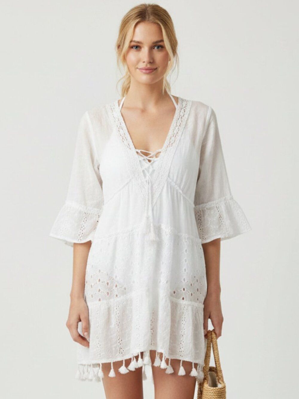 Me 2 Magic White 3/4 Sleeve Crochet Eyelet Lace Mini Dress M
